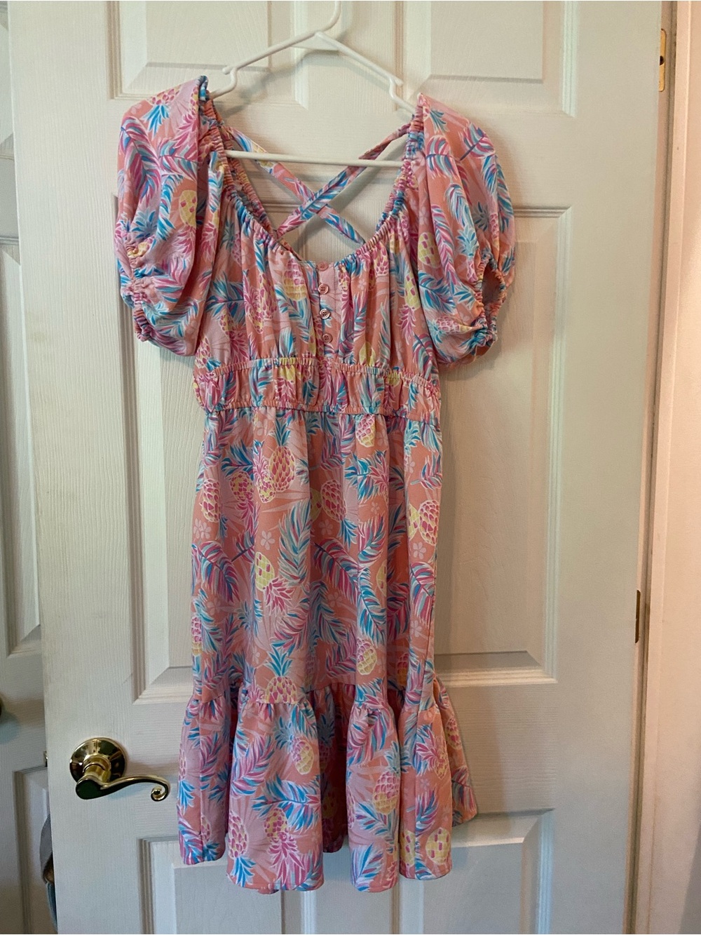 Simply Southern Pink Tropical Puff-Sleeve Mini Dress